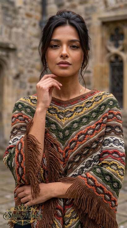 Style Monky Sweaters - Multicolor Knit Aztec Poncho w Fringe Boat Neck